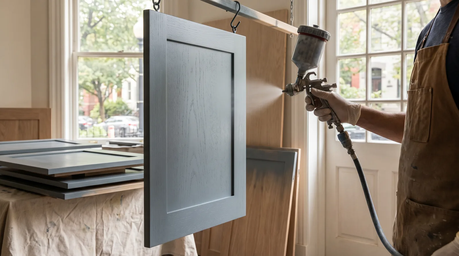 Kitchen cabinet doors being carefully painted with smooth matte finish