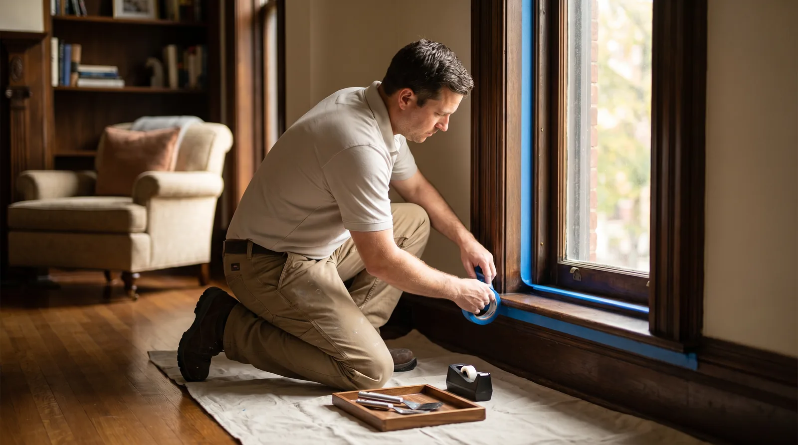Painter carefully applying masking tape inside an elegant Washington DC home